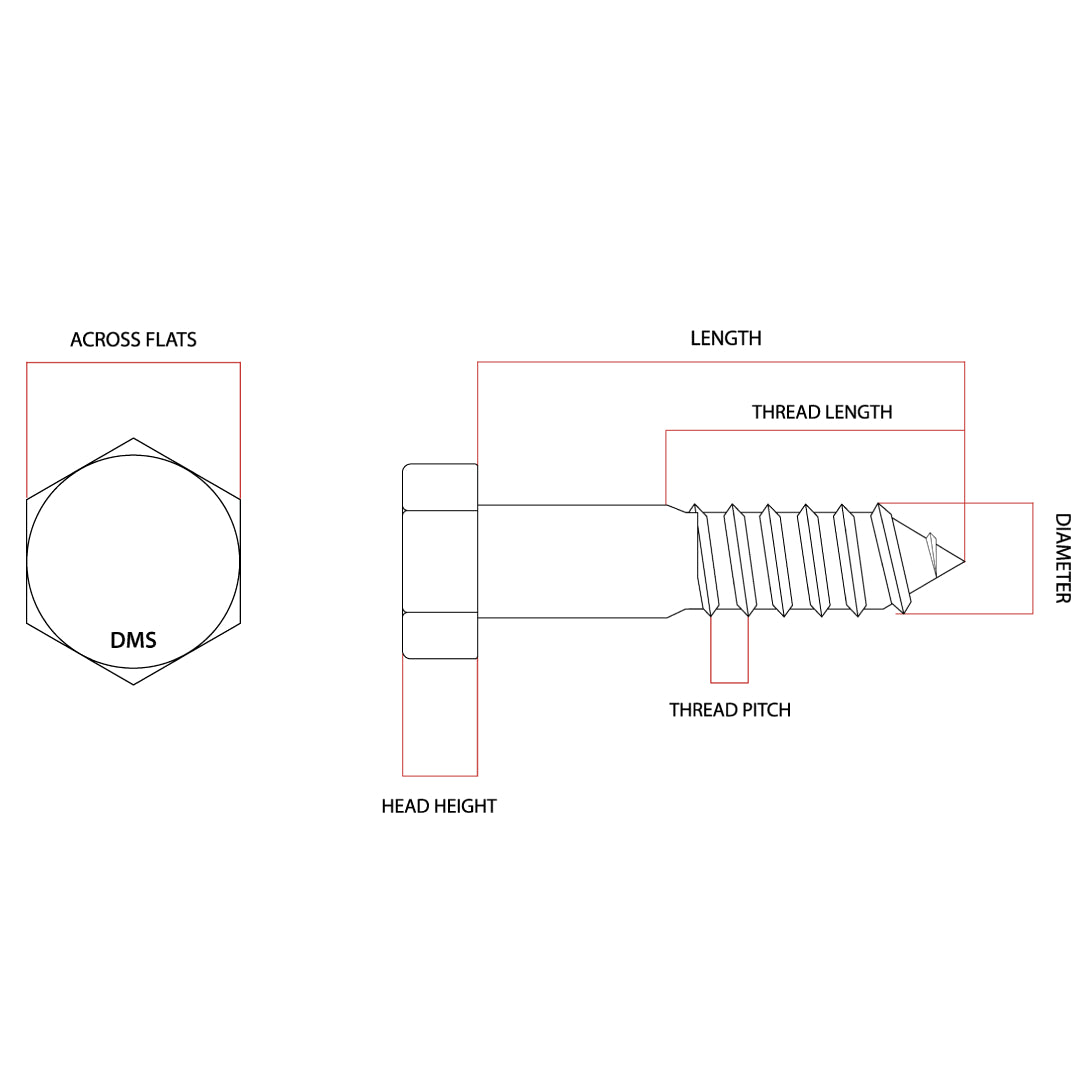 M6 x 65mm Metric Coarse Hex Coach Screw Class 4.6 Galvanised