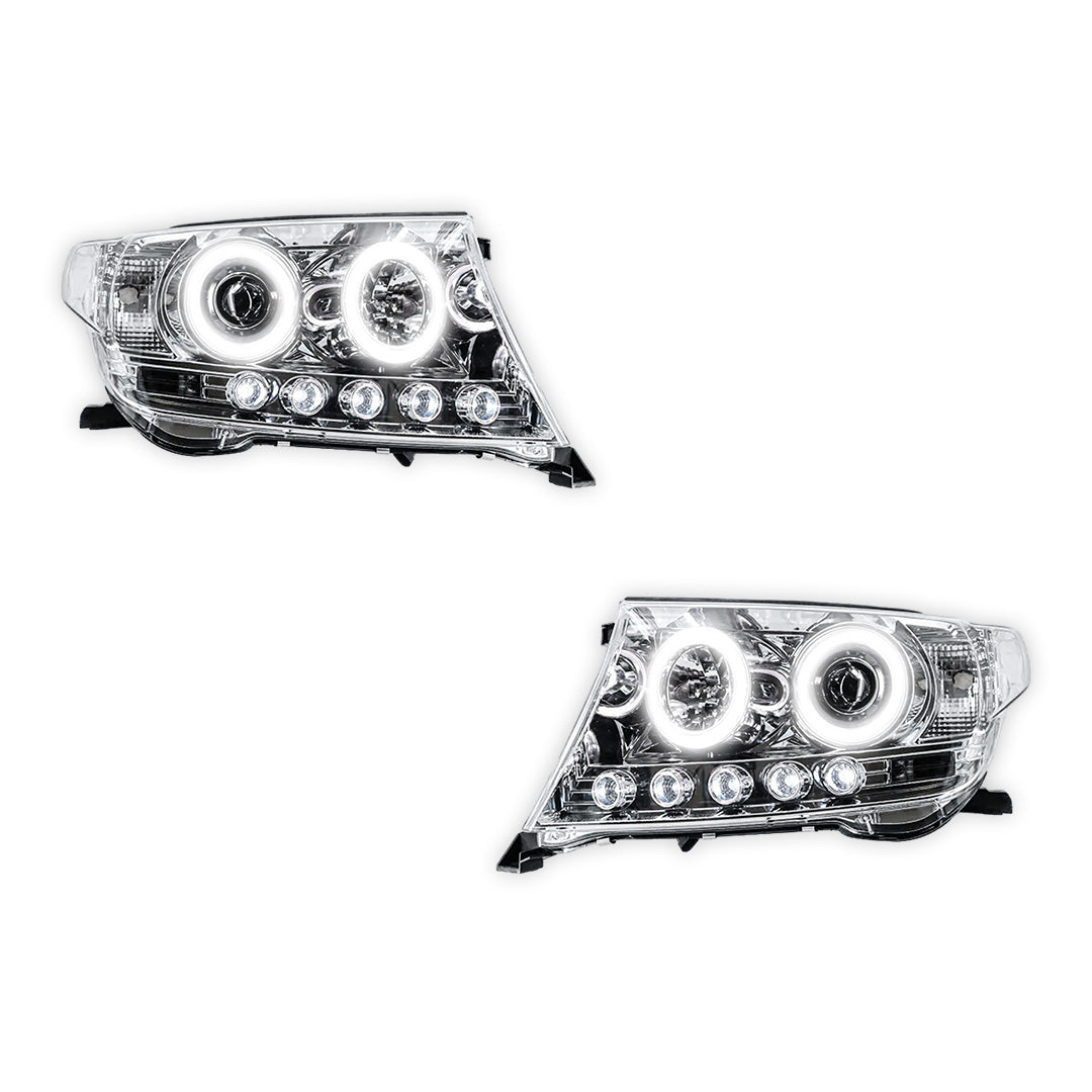 Toyota LandCruiser 200 Series (2007 - 2015) Clear / Black Halo Angel Eyes Headlights LH + RH