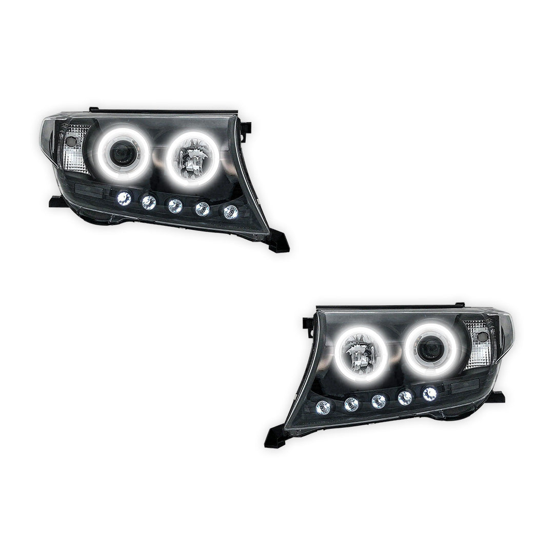 Toyota LandCruiser 200 Series (2007 - 2015) Clear / Black Halo Angel Eyes Headlights LH + RH