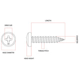 10g x 16mm Pan Head Self-Tapping Screw Phillips Stainless G304 DMS Fasteners